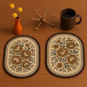 Set Of 2 Oval Vintage Tapestry Table Runner Gobelin Flower Floral Beige & Brown